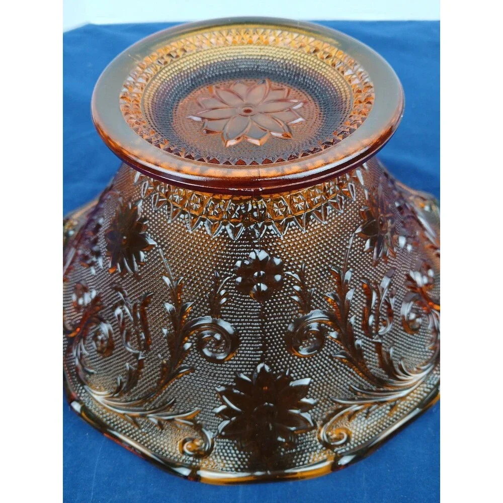 Indiana Glass Co Amber Tiara Glass Ruffled Console Fruit Bowl Footed 10” x 5”